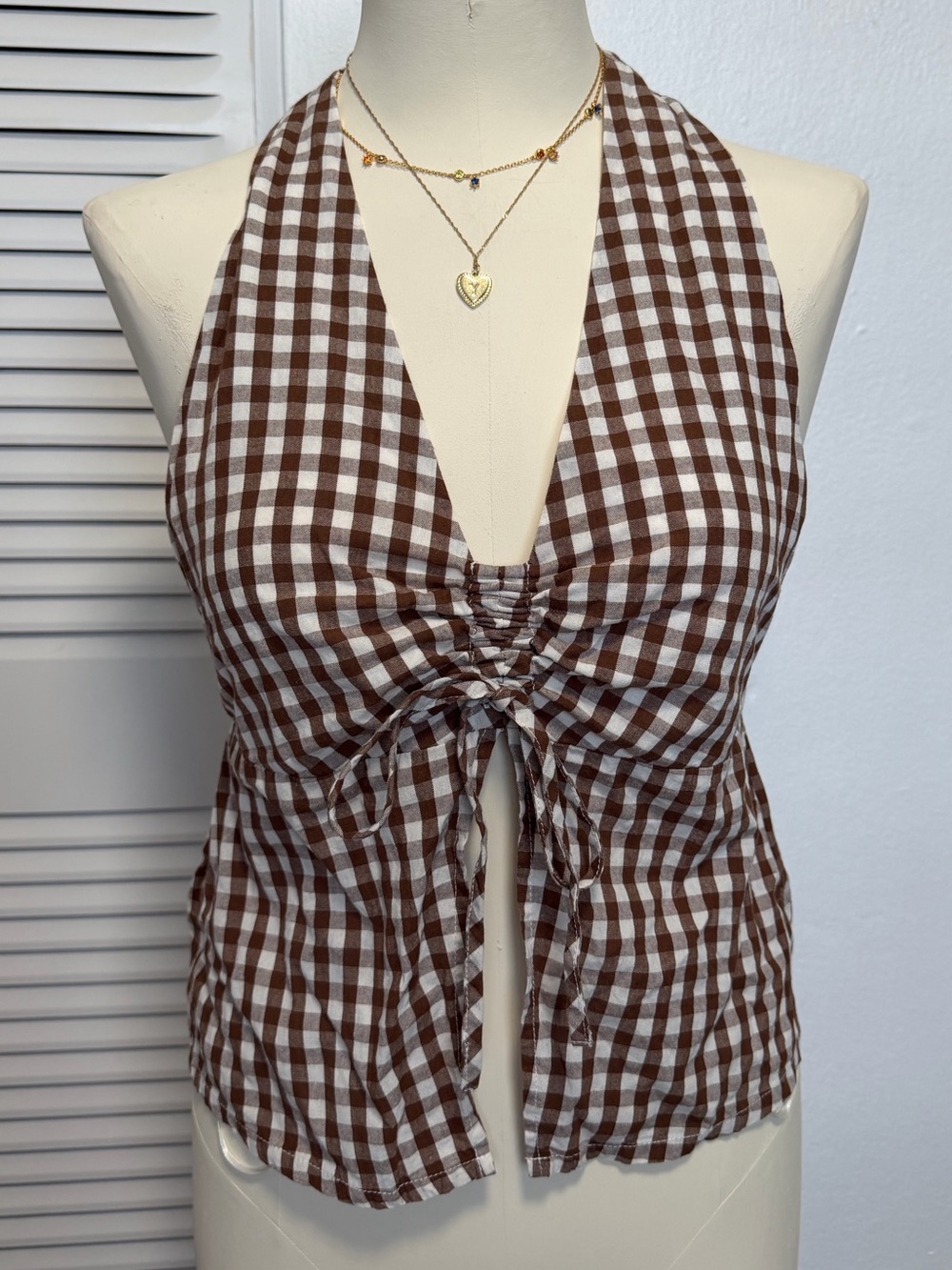 Rhythm Brown Gingham Tie-Front Halter Top